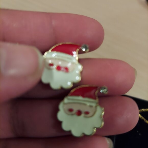 Gold Tone Chain & Cross Pendant W/ Santa Claus Enamel Earrings Bundle - Picture 3 of 8